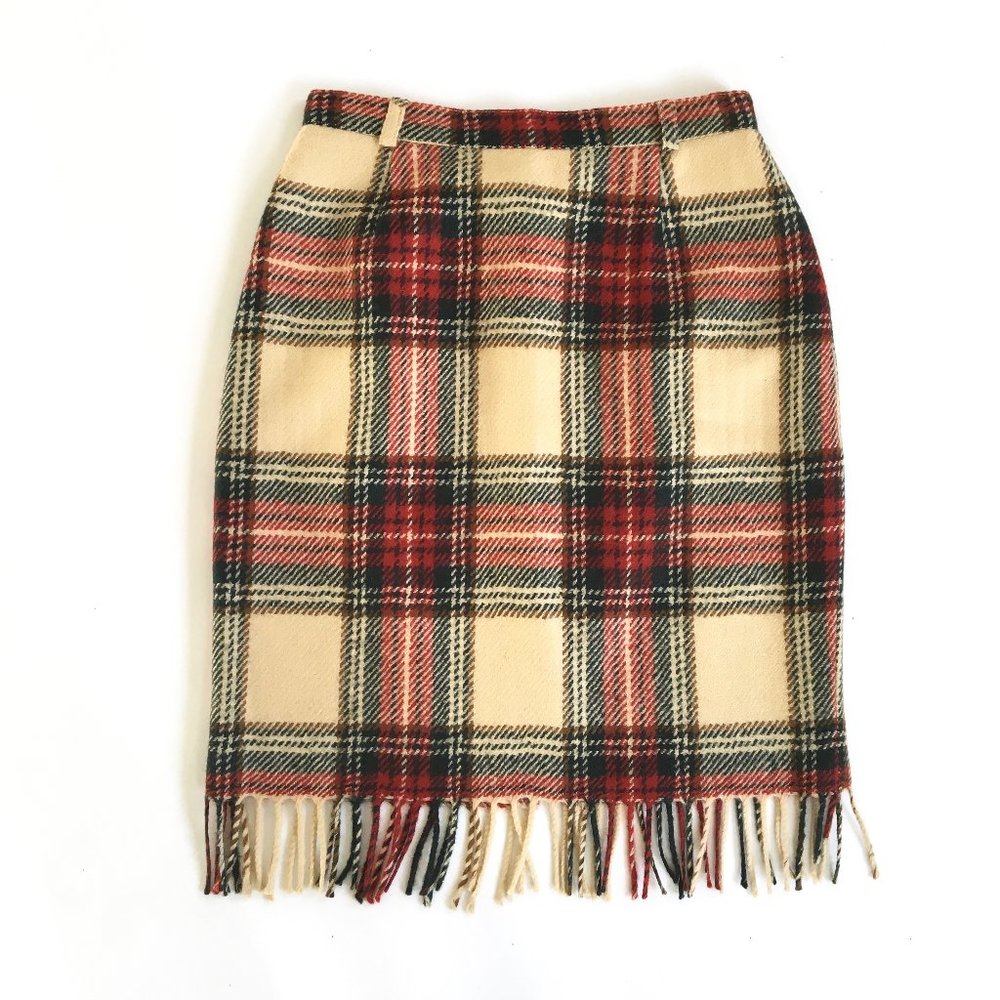 Gerard Darel Cream Plaid Pencil Skirt with Fringe